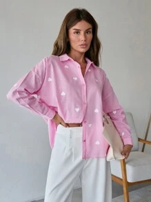 EURMUSE 100% Cotton HEART PATTERN LONG SLEEVE SHIRT