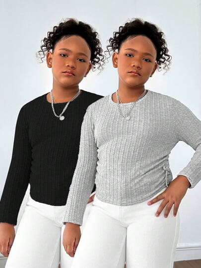 SHEIN Tween Girls Extended Size Casual Minimal Bekväm Crew Neck Side Ruched Långärmad T-shirt Set