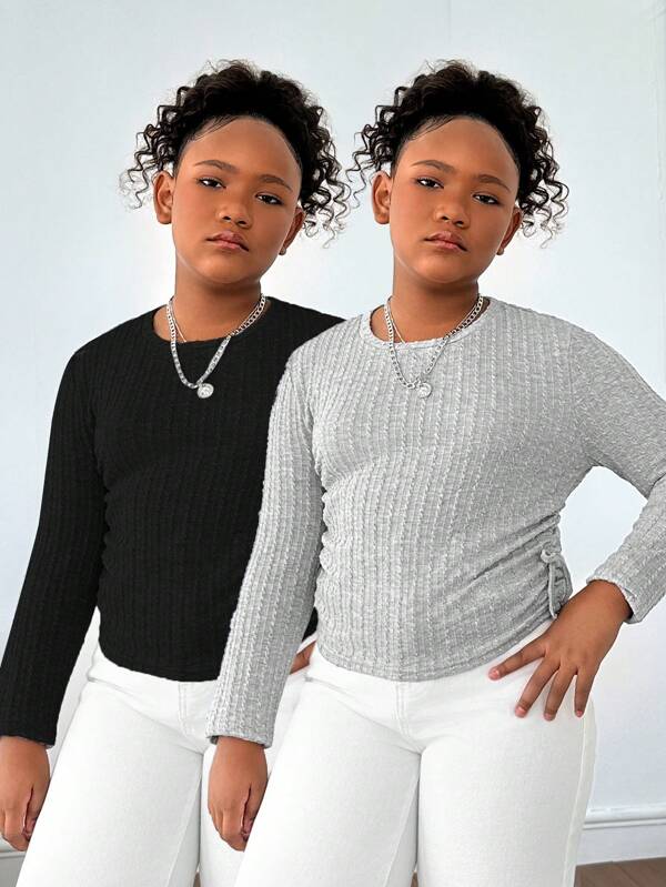 SHEIN Tween Girls Extended Size Casual Minimal Comfortable Crew Neck Side Ruched Long Sleeve T-Shirt Set