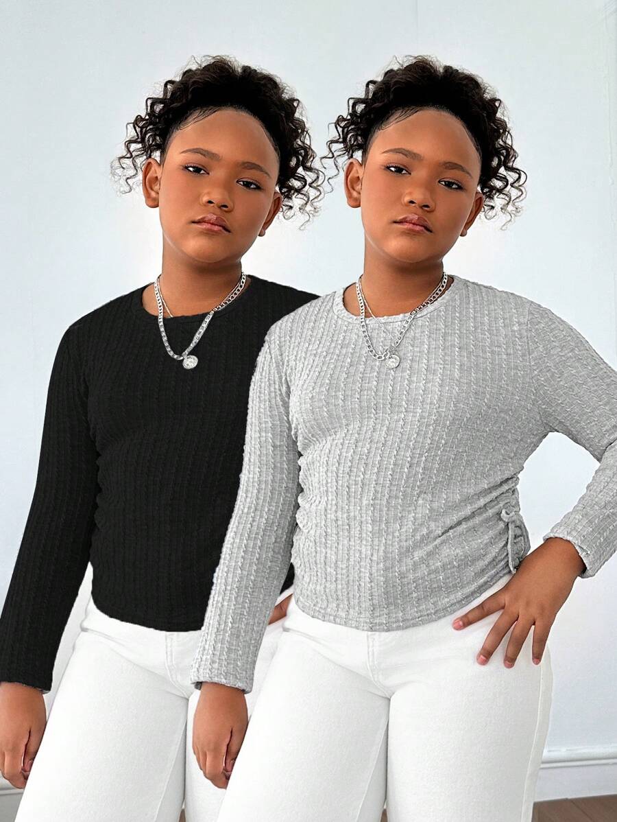SHEIN Tween Girls Extended Size Casual Minimal Comfortable Crew Neck Side Ruched Long Sleeve T-Shirt Set