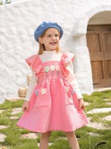 SHEIN 2 piezas/set Niñas pequeñas Traje de festival de invierno con top de cuello alto blanco acanalado con mangas con volantes y falda deslizante con decoración de flores bordadas rosas