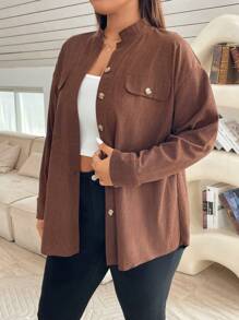 SHEIN Essnce Plus Size Autumn/Winter Thermal Waffle Knit Shacket - Coffee Brown - View 6