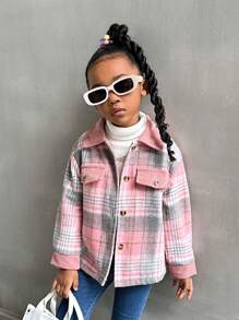 SHEIN Jong meisje geruit patchwork koord casual jasje met decoratieve knopen, herfst/winter
