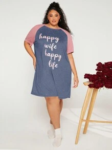 SHEIN CURVE+ Plus Letter Graphic Contrast Raglan Sleeve Nightdress - Dusty Blue - View 6