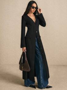 Poéselle 女士黑色单排扣长袖长款大衣（秋冬款） - 黑色 - 查看 3