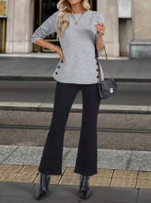 Chiquease Blusa sencilla de cuello redondo, manga larga y botones decorativos, jersey de punto para otoño e invierno - Gris - Ver 6