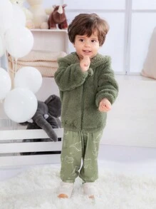 3pcs Baby Boys Outfit Set, Includes Dinosaur Print Romper, Flannel Jacket And Matching Pants, Comfortable, Practical And Fashionable For All Seasons