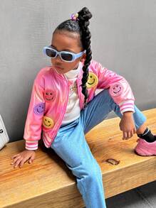 SHEIN Explorewe Bộ trang phục 2 món cho bé gái - Áo khoác bóng chày màu hồng bằng vải nỉ thêu hình mặt cười 3D và quần denim. Bộ trang phục thời trang và hợp thời trang cho bé gái vào mùa thu/đông - Hồng - Xem 4