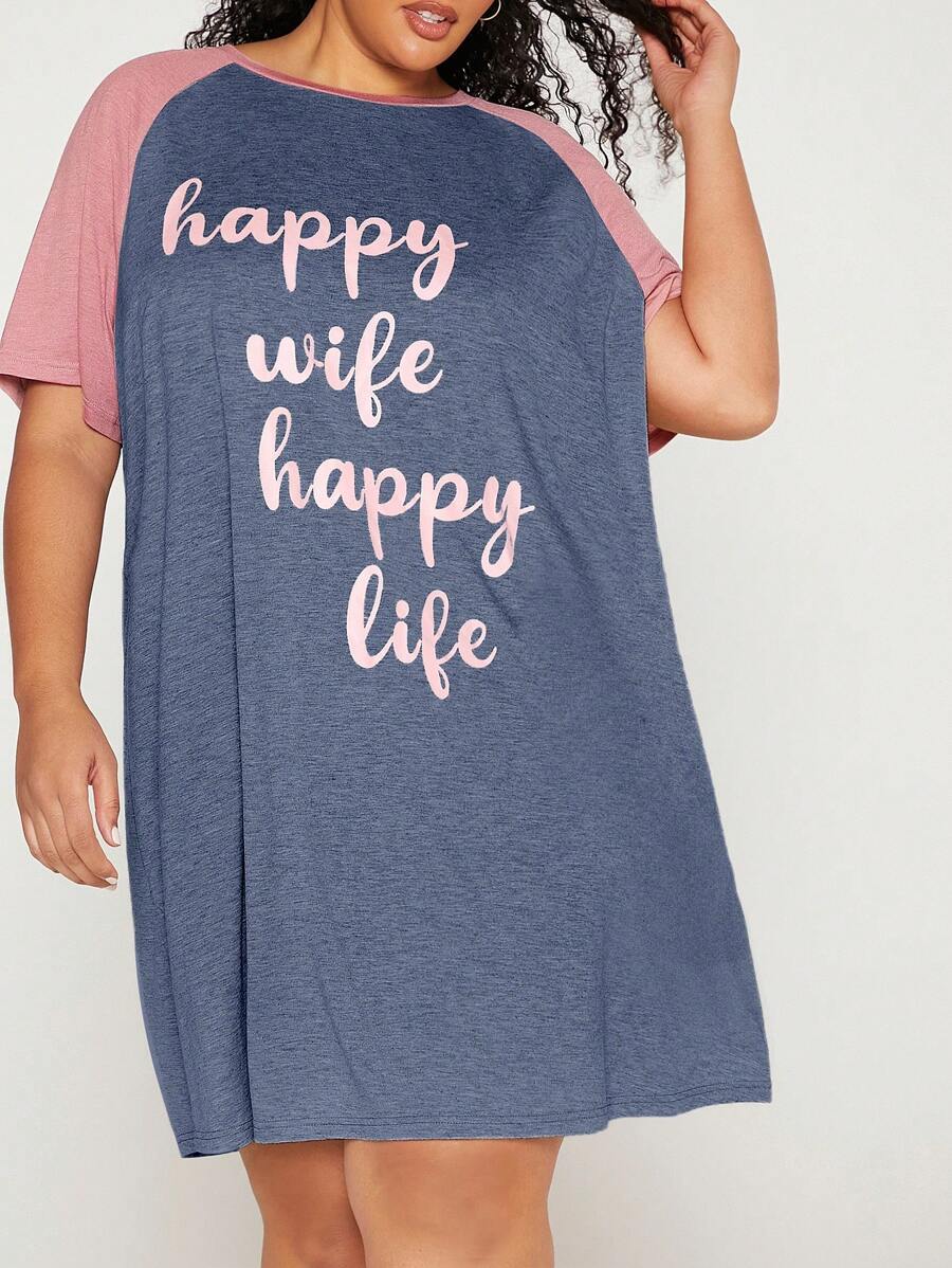 SHEIN CURVE+ Plus Letter Graphic Contrast Raglan Sleeve Nightdress - Dusty Blue - View 1