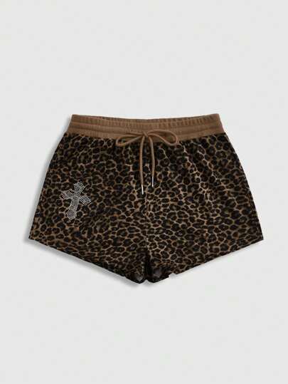 Grunge Punk Shorts aderenti casual con stampa a croce e leopardo, in stile Y2K gyaru, con coulisse in vita