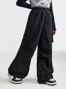 SHEIN Leap Crew Tween Girls Fall/Winter Basic Black Sportswear Wide Leg Pants For Back To School - Black - View 6