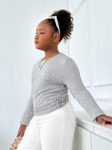 SHEIN Tween Girls Extended Size Casual Minimal Comfortable Crew Neck Side Ruched Long Sleeve T-Shirt Set