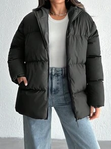 EURMUSE Zip Up Hooded Puffer Coat - Black - View 5