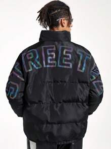 Manfinity VCAY Men's Loose Collar Long Sleeve Padded Coat With Printed English Text, Suitable For Autumn/Winter - Black - View 1