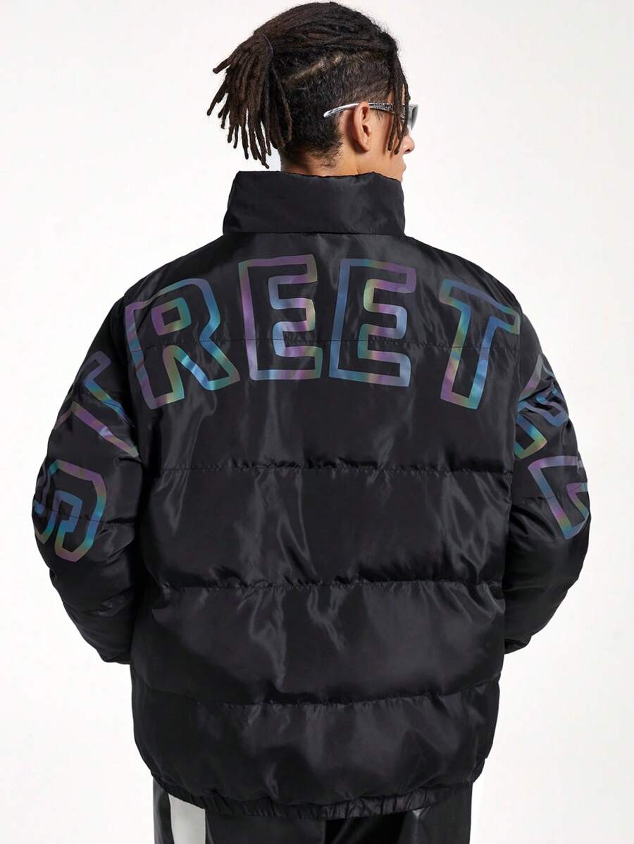 Manfinity VCAY Men's Loose Collar Long Sleeve Padded Coat With Printed English Text, Suitable For Autumn/Winter - Black - View 1