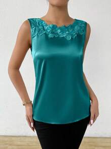 Chiquease 女式无袖缎面拼布衬衫，带蕾丝花边，无袖上衣