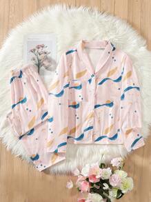 2pcs Teen Girls Pajamas Set Minimalist Line & Moon & Sun & Fallen Leaves Pattern Long Pants & Long Sleeve Casual Comfy Home Outfit - Pink - View 1