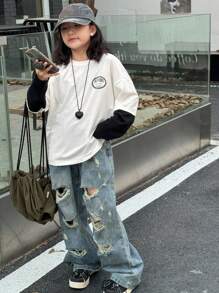 Dazy Kids 女童撞色二合一字母印花T恤，秋季，返校服装 - 白色 - 查看 7