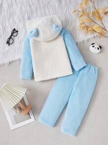 2pcs Young Boy Blue & White Patchwork Warm Cozy Casual Cute Plush Pants & Long Sleeve Top Homewear Pajama Set - Multicolor - View 2