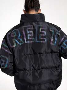 Manfinity VCAY Men's Loose Collar Long Sleeve Padded Coat With Printed English Text, Suitable For Autumn/Winter - Black - View 3