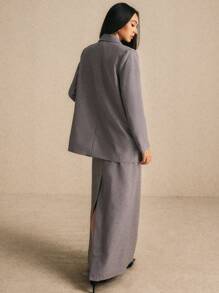 Poéselle 女士单排扣长袖西装外套裙套装，1 件纯色优雅女装套装，上衣和裙子套装，秋季女式西装，裙子套装，灰色，适合办公室穿着，FW24 - 白色 - 查看 2