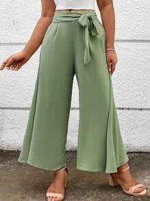 SHEIN Clasi Plus Size Solid Color Woven Knotted Wide-Leg Casual Pants Fall Cloth For Women - Green - View 5