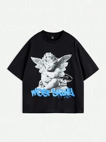 Manfinity RebelGame 2pcs Men's Simple Portrait Printed Round Neck T-Shirt And Lace-Up Shorts Set - Black - View 4