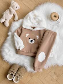 SHEIN 2 件装男婴可爱熊图案拼接蓬松连帽衫和松紧腰裤套装适合秋冬季休闲服装 - 彩色 - 查看 1