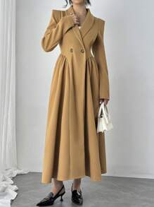 Chiquease Abrigo largo de lana de doble botonadura con pliegues y manga larga, unicolor, térmico, para mujer