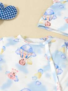 SHEIN 2pcs Set Baby Boys Cute Bear Print Long Sleeve Pajama Jumpsuit With Shoulder Wrap Casual Outfit