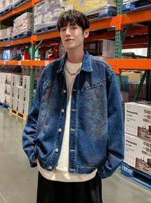 Claim Dot Men's Dark Blue Distressed Denim Jacket - Dark Wash - View 6