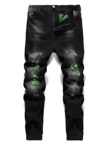 Coolqubz 酷男孩时尚破旧褪色喷漆牛仔裤，百搭休闲街头复古黑色牛仔裤 - 黑色 - 查看 9