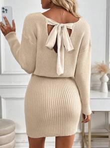 Chiquease Crew Neck Ribbed Knit Backless Tie Long Sleeve Sweater Dress ...