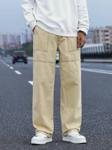 Manfinity Roghcode Quần Jeans Ống Thẳng Stonewashed Thường Ngày Cho Nam - Màu Khaki - Xem 3