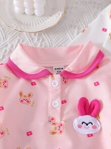 SHEIN 2pcs Infant Girls' Long Sleeve Rabbit Print Top Set - Multicolor - View 3
