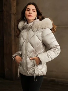 Anewsta Women's Fashionable Minimalist Fitted Hooded Jacket - Apricot - View 5