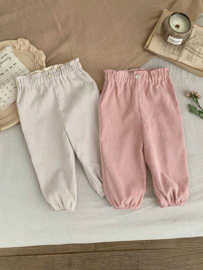 SHEIN LMoss Kids LMoss 2 件套女婴灯芯绒松紧腰带裤子，粉色和米色，适合秋冬季