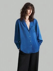 Ontre Women's Contrast Collar Long Sleeve Embroidered Pocket Shirt,  Autumn Back To School Clothes