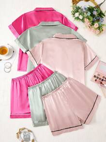 3 conjuntos Pijama con pantalones cortos y manga corta con ribete de contraste - Multicolor - Ver 2