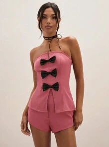 COSMINA Áo nữ không dây đi chơi có nơ bằng vải satin màu đen, trang trí thường ngày - Nhiều màu - Xem 6