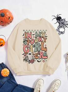 Girls' Crew Neck Amusing Print Knit Sweatshirt, Cute & Playful For Autumn & Winter - Khaki - View 1