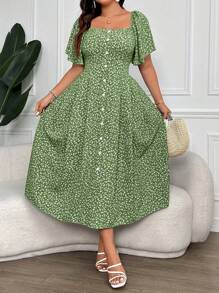SHEIN Clasi Plus Size Women's Boho Short Sleeve Front Button Square Neck Ditsy Floral Dress Women Outfit, For Summer - Green - View 6