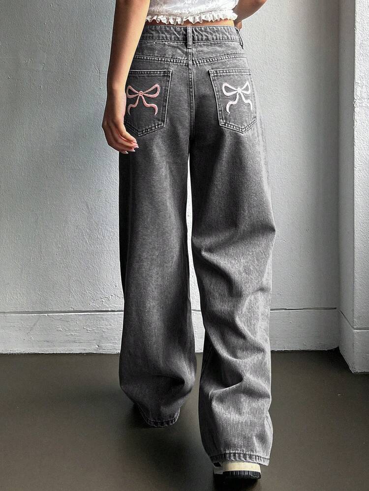 Women's Casual Washed Denim Jeans With Embroidered Bowknot,Back To School Clothes