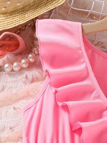 Tween Girl  Solid Color Ruffle Trim Wrap Dress, Vacation Casual - Pink - View 8