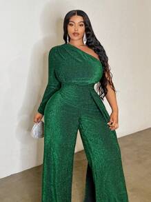 Slaydiva Bộ đồ liền thân màu xanh lá cây dáng suông không đối xứng cỡ lớn thanh lịch cho tiệc thu/đông, lễ tạ ơn - màu xanh lá - Xem 3