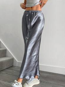 SHEIN Essnce 时尚金属闪亮缪斯鱼尾裙，春夏 - 銀色 - 查看 5