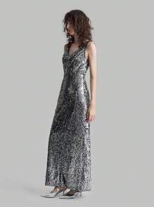 Ontre Silver Sequin V-Neck Slit Elegant Evening Party Dress - Silver - View 6