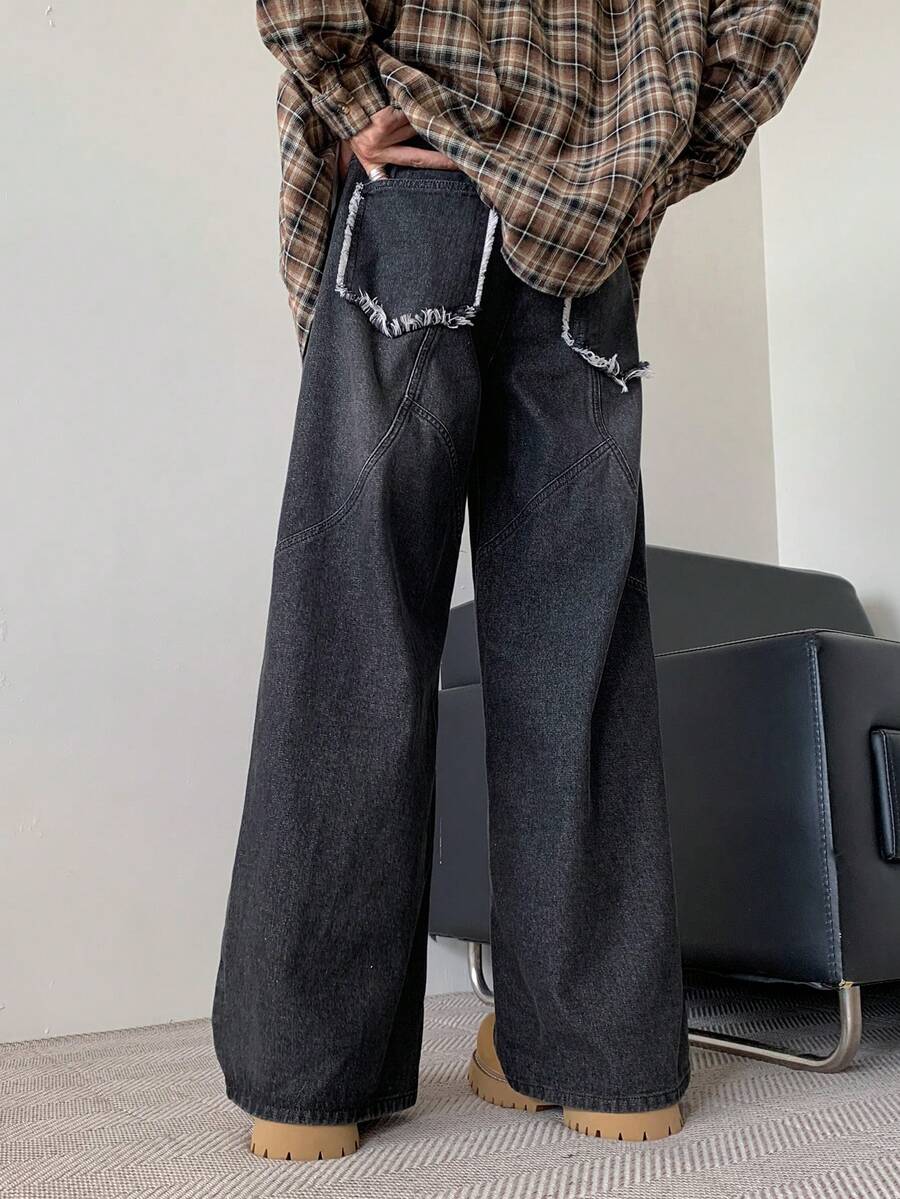 Manfinity EMRG Men's Vintage Washed Dark Grey Baggy Wide Leg Jeans