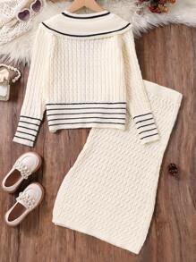 SHEIN Conjunto de 2 peças/roupas de outono para meninas, cardigan de malha grossa e saia curta para meninas pré-adolescentes