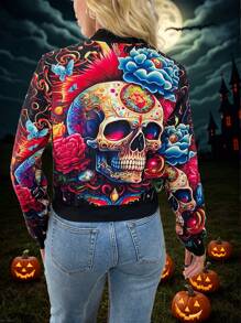 EMERY ROSE Digital Skull Print Women Halloween Jacket - Multicolor - View 2